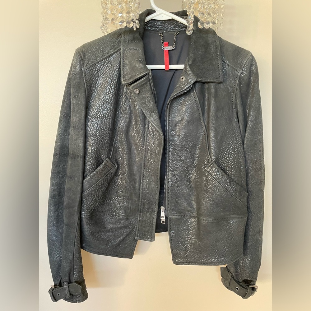 Women’s Textured Black Leather Jacket with Stand Collar